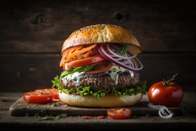 Gourmet burger with fresh tomatoes and caramelized onions