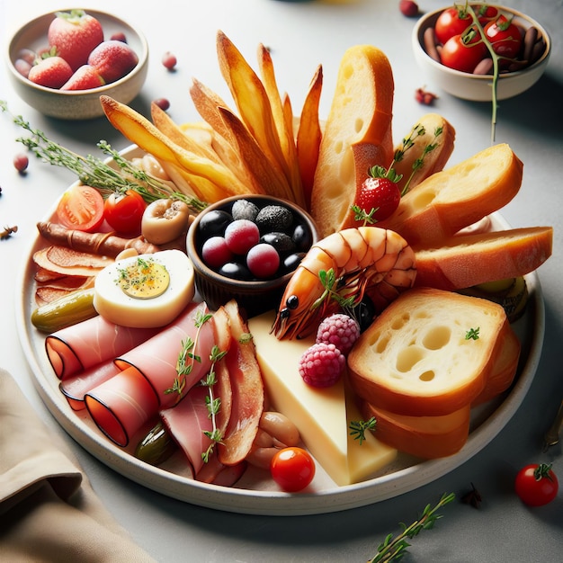 Gourmet charcuterie board with assorted meats cheeses fruits and breads garnished with herbs