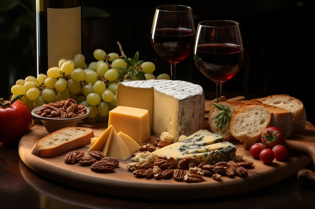 Gourmet cheese platter with wine Generative AI