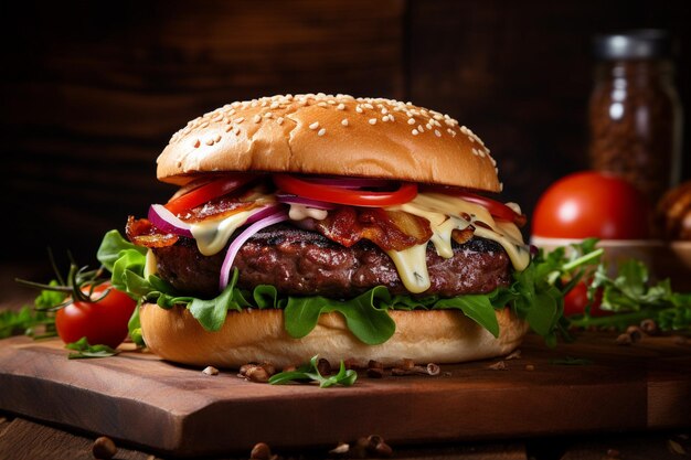 Gourmet cheeseburger met gegrilde vlees tomaten uien en rustiek broodje