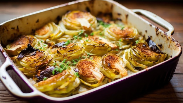 Foto gourmet cheesy scalloped aardappelen vers uit de oven besprenkeld met groene uien
