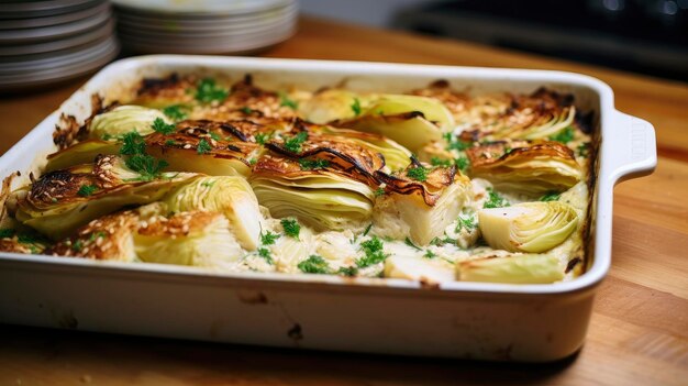 Foto gourmet cheesy scalloped aardappelen vers uit de oven besprenkeld met groene uien