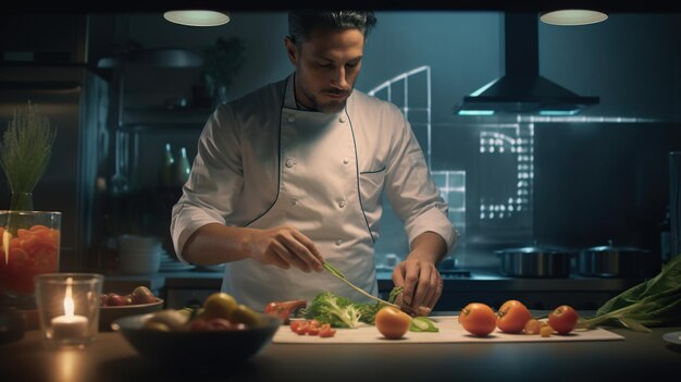 gourmet chef preparing food in kitchen