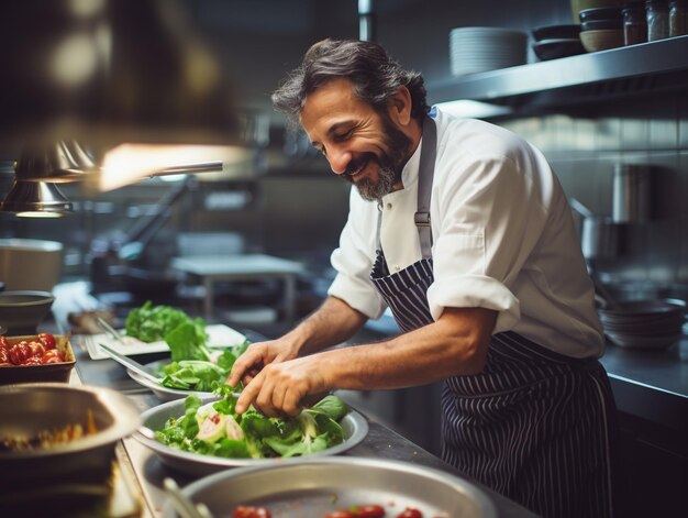 Gourmet chef in uniform cooking in a restaurant kitchen Male cook wearing apron standing by kitchen counter preparing food