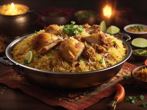 Gourmet chicken biryani with steamed basmati rice generated by ai