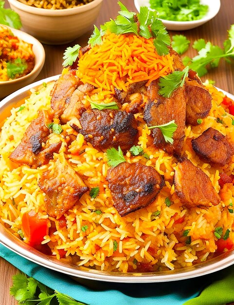 Gourmet chicken biryani with steamed basmati rice generated by ai