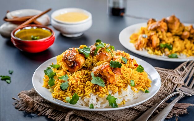 Gourmet chicken biryani with steamed basmati rice