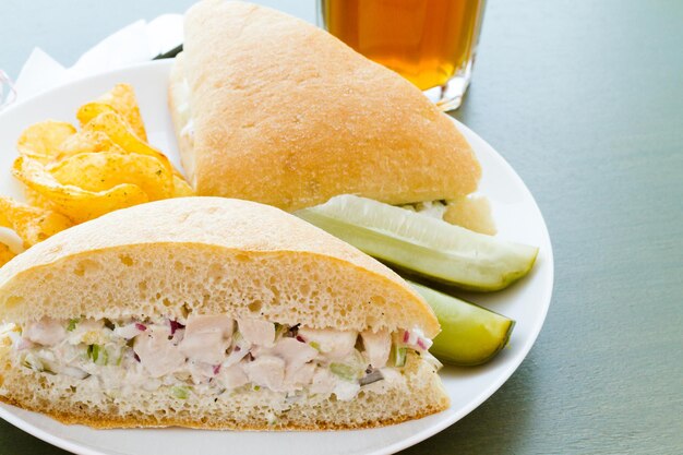 Gourmet chicken salad sandwich with chips on the side.