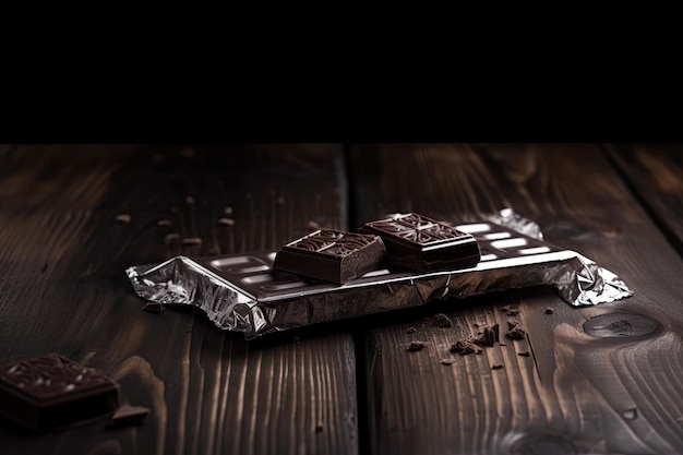 Foto tavoletta di cioccolato gourmet su sfondo di legno scuro con accenti d'argento creati con intelligenza artificiale generativa