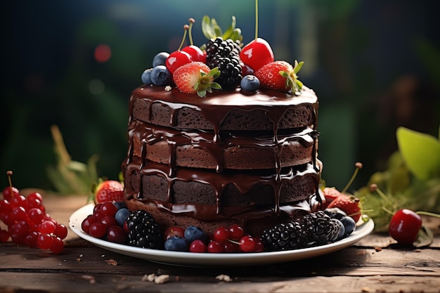 Gourmet chocolate cake adorned with fresh berries