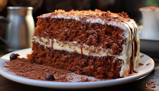 Gourmet chocolate cake slice on wooden plate with whipped cream generated by artificial intelligence