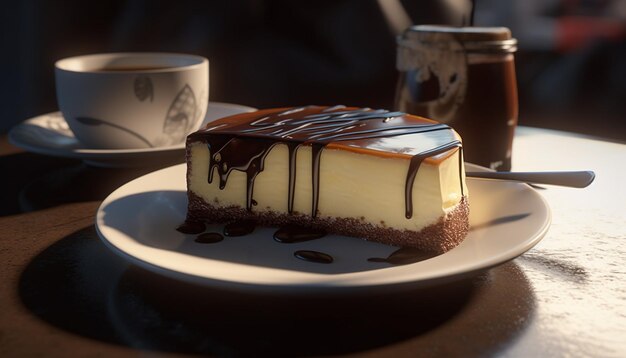 A gourmet chocolate cheesecake slice on a plate generated by artificial intelligence