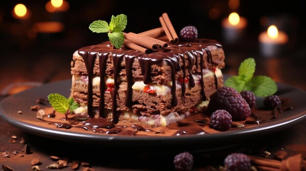 Gourmet chocolate dessert on wooden table decorated with spices