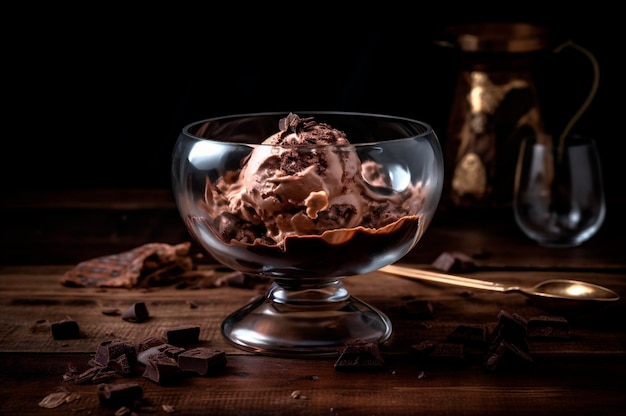 Gourmet chocolate ice cream in glass bowl on ice cream parlor table Rustic wood AI generated frozen dessert