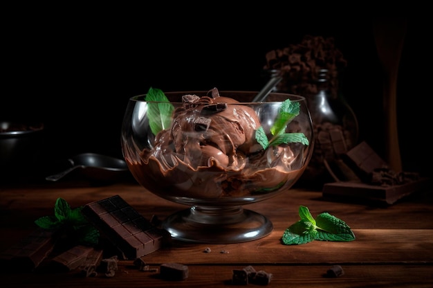 Gourmet chocolate ice cream in glass bowl on ice cream parlor table Rustic wood AI generated frozen dessert