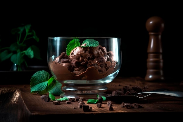 Gourmet chocolate ice cream in glass bowl on ice cream parlor table Rustic wood AI generated frozen dessert