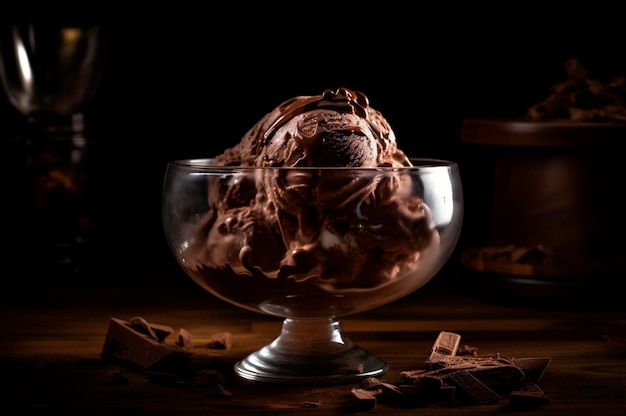 Gourmet chocolate ice cream in glass bowl on ice cream parlor table Rustic wood AI generated frozen dessert