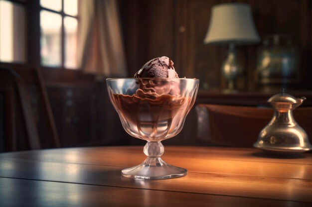 Gourmet chocolate ice cream in glass bowl on ice cream parlor table Rustic wood AI generated frozen dessert