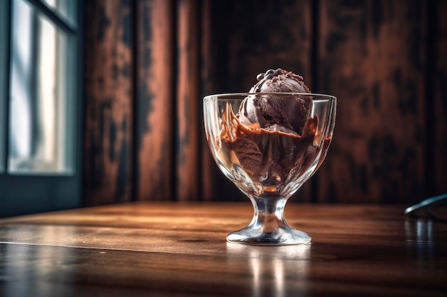 아이스크림 응접실 테이블에 있는 유리 그릇에 담긴 미식가 초콜릿 아이스크림 소박한 나무 AI가 냉동 디저트를 생성했습니다.