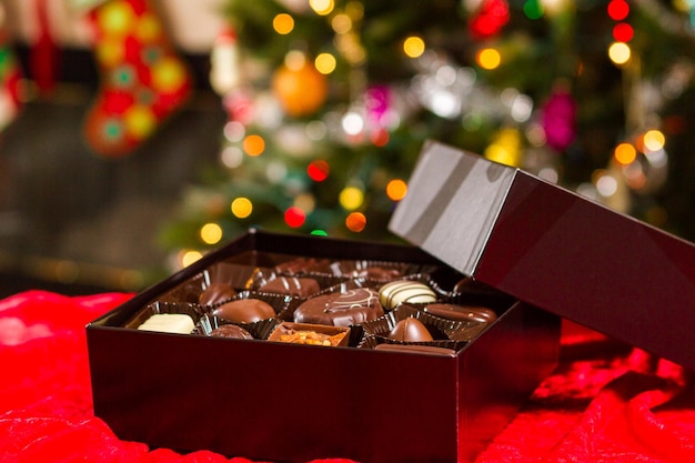 Gourmet chocolates in a square box.