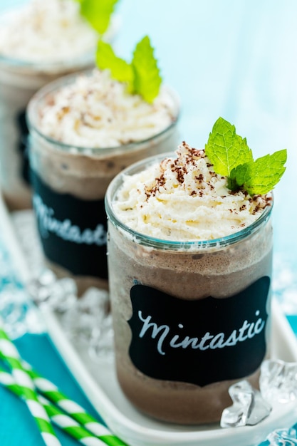 Gourmet cold mintastic chocolate drink garnished with cocoa powder and mint.