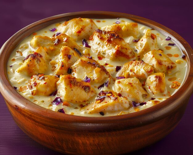 Photo gourmet creamy chicken pasta in ceramic dish garnished with herbs and spices on purple background