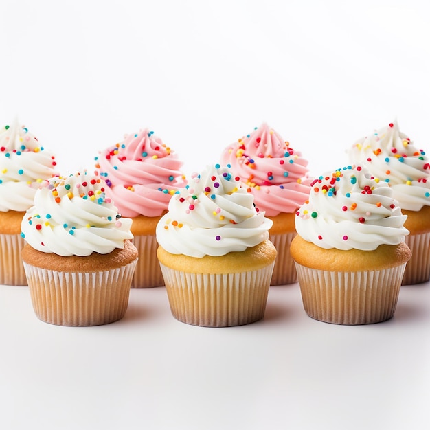 Gourmet cupcakes with white buttercream frosting and sprinkles on wooden background