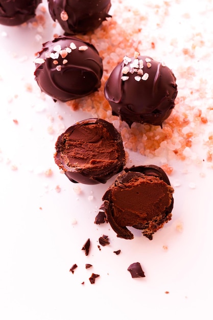 Gourmet dark chocolate with hamilayan pink salt truffles hand made by chocolatier.