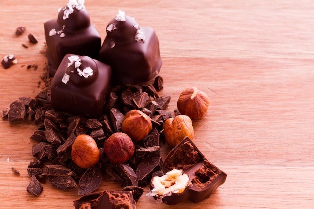 Gourmet dark chocolate with hazelnut truffles hand made by chocolatier.