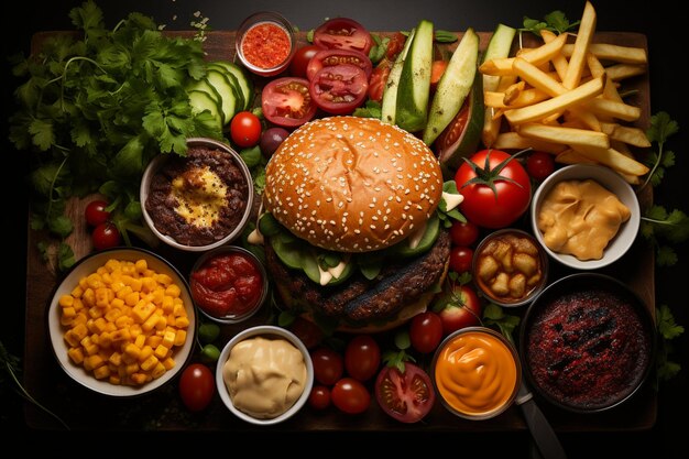 Gourmet delight artfully arranged beef burgers veggies and fries flat lay