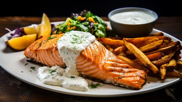 Photo gourmet delight baked salmon with sweet potato fries