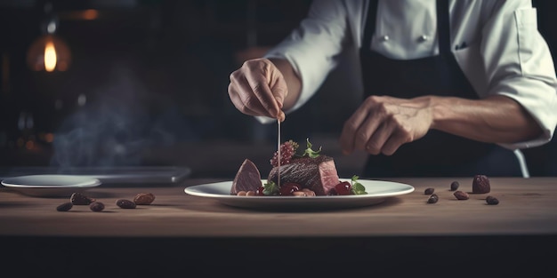 Gourmet Delight Chef's Artistry Revealed in Plating Sliced Seared Venison in a Professional Kitchen AI Genereted