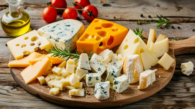 Gourmet Delights A Colorful Medley of Assorted Sliced Cheeses on a Rustic Wooden Background Accomp