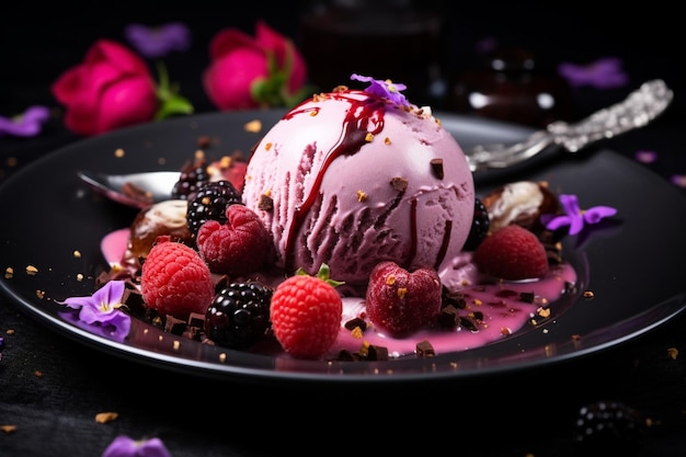 自家製のアイスクリームを皿の上に置いたグルメのデザートボール