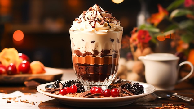 A gourmet dessert chocolate coffee latte with whipped cream