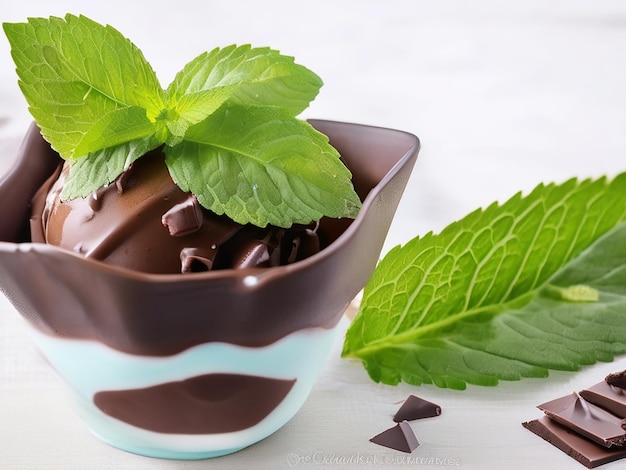 A gourmet dessert chocolate ice cream with mint leaf garnish