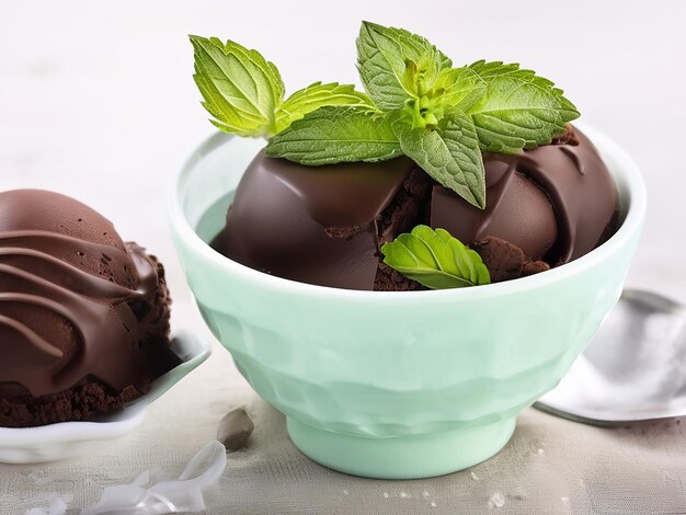 A gourmet dessert chocolate ice cream with mint leaf garnish