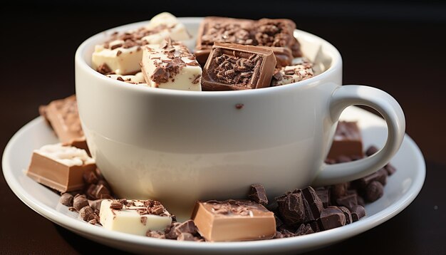 Foto dessert gourmet brownie al cioccolato fondente con indulgenza al caffè caldo generato dall'intelligenza artificiale