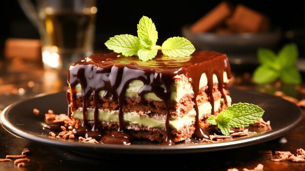 Gourmet dessert Fresh chocolate slice with mint leaf on wooden plate