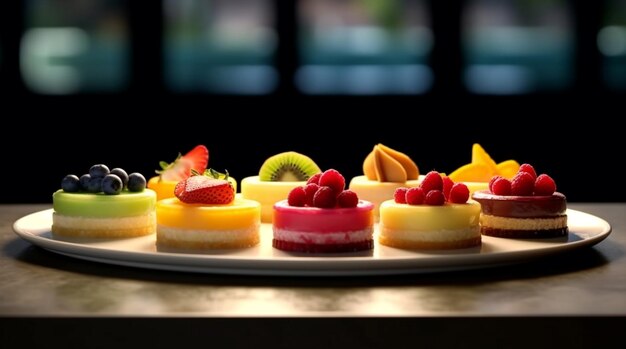 A gourmet dessert plate with fresh fruit and sweet indulgence generated by artificial intelligence