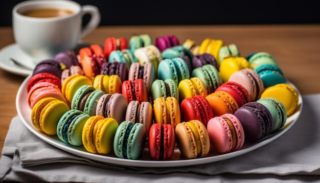 A gourmet dessert plate with multi colored macaroons and sweet treats generated by artificial intelligence