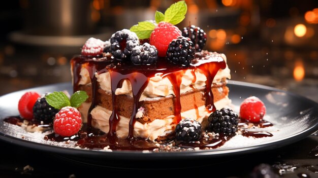 A gourmet dessert with chocolate fresh fruit and sweet cream