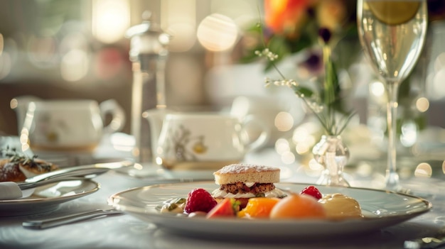 Gourmet desserts elegant gepresenteerd op een wit bord in een verfijnde restaurantomgeving