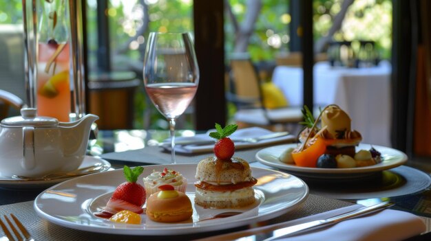 Gourmet Desserts Elegantly Presented on a White Plate in a Refined Restaurant Setting