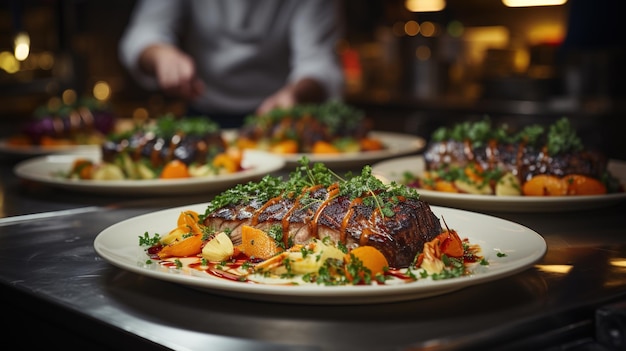 Photo gourmet dish being prepared in a highend restaurant kitchen