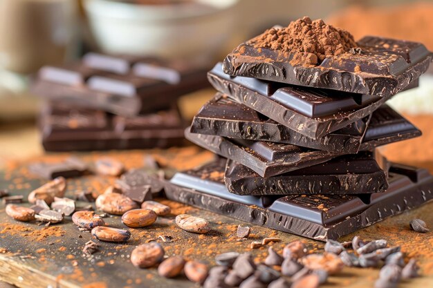 Gourmet donkere chocolade stapel met cacaopoeder en bonen op een rustieke houten tafel