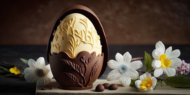 Gourmet easter egg that is filled with chocolate and cream Easter dessert an egg with pudding cream Concept of Easter