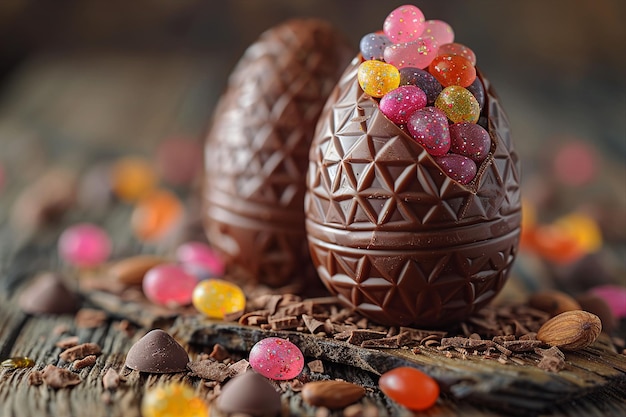 Фото Шоколадные яйца с блестящими конфетами на старой деревянной поверхности