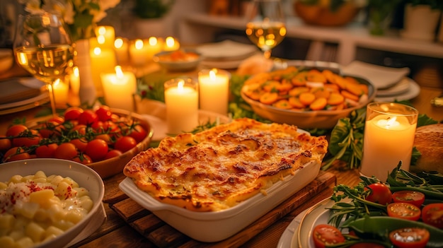 Дешевый семейный ужин с домашней лазанью, свежими овощами и зажженными свечами.