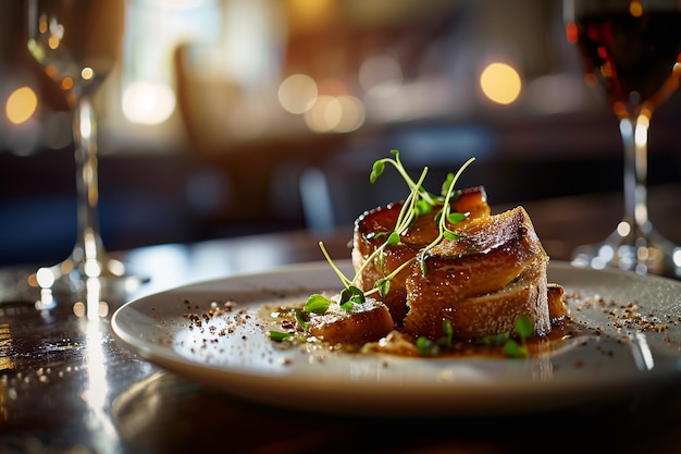 Foto foie gras gourmet su toast in un'atmosfera intima